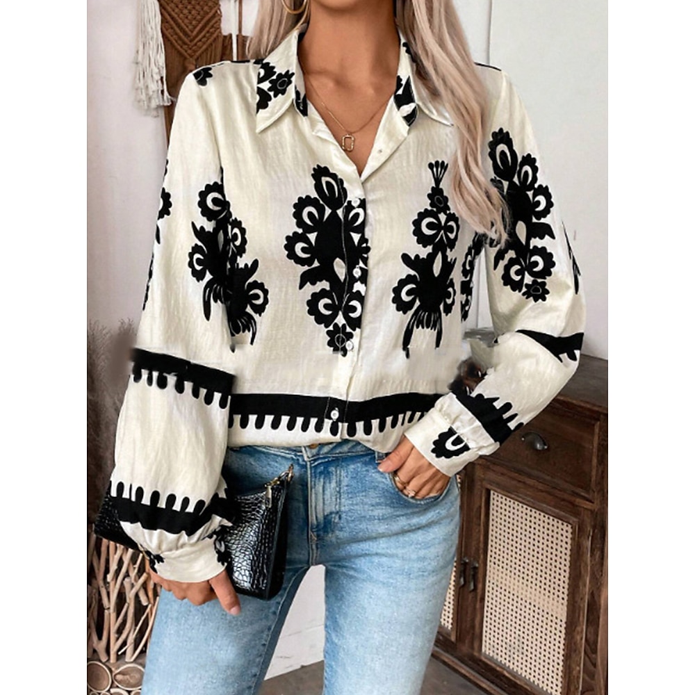 Damen Hemd Bluse Stilvoll Brautkleider schlicht Graphic Normale Oberteile Langarm Hemdkragen Bedruckt Regular Fit Täglich Schwarz Marineblau Grün Khaki Sommer Frühling Herbst Lightinthebox