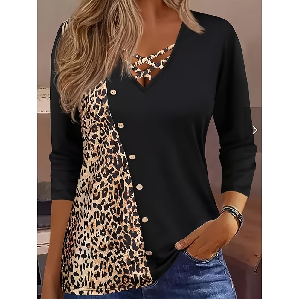 Damen T Shirt Modisch Modern Brautkleider schlicht Leopard Normale Oberteile Langarm V Ausschnitt Patchwork Knopf Bedruckt Regular Fit Täglich Wochenende Schwarz Sommer Frühling Lightinthebox