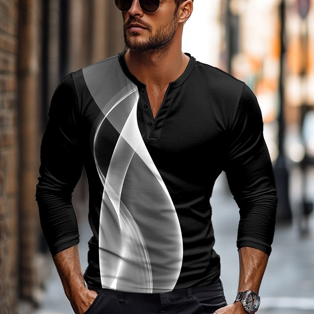 Herren Graphic Geometrische Muster Henley Shirt Langarm Modisch Kuschelig Täglich Casual Festtage Ausgehen Frühling Herbst Schwarz Henley Henley T-Shirt Lightinthebox