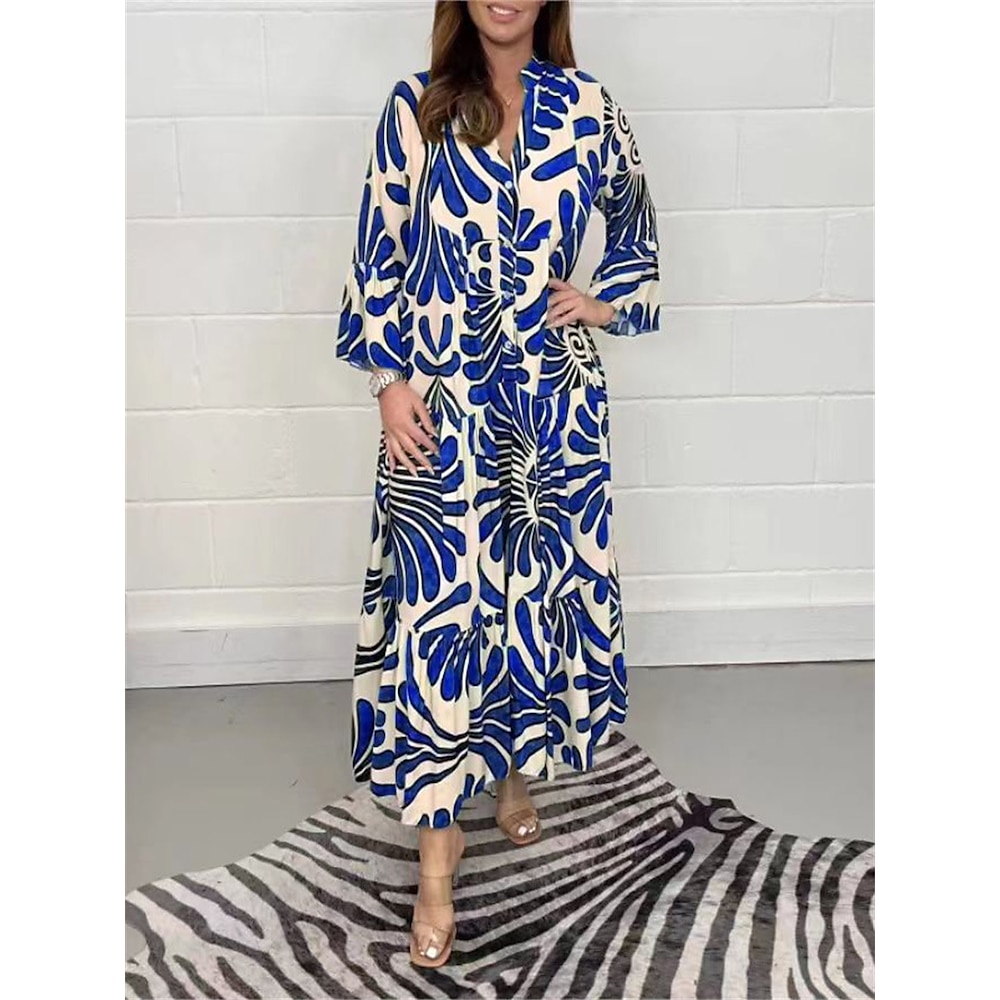 Damen Casual kleid Boho Chic Kleider Böhmen Kuschelig Stilvoll Graphic Midikleid 3/4 Ärmel V Ausschnitt Bedruckt Lockere Passform Urlaub Täglich Strand Rosa Blau Frühling Herbst Winter Lightinthebox