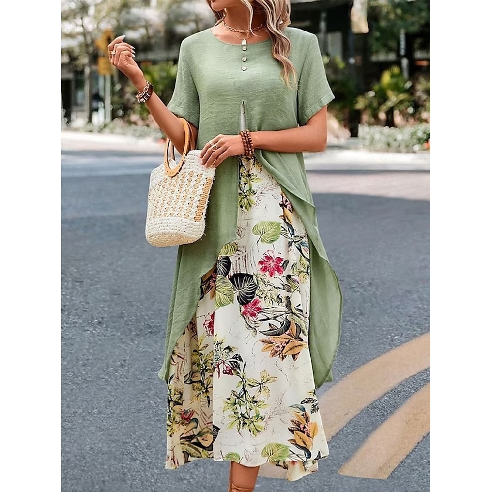 Damen Casual kleid Baumwoll-Leinenkleid A Linie Kleid Stilvoll Brautkleider schlicht Blumen Maxidress Kurzarm Rundhalsausschnitt Patchwork Knopf Bedruckt Regular Fit Urlaub Täglich Gelb Rosa Purpur Lightinthebox