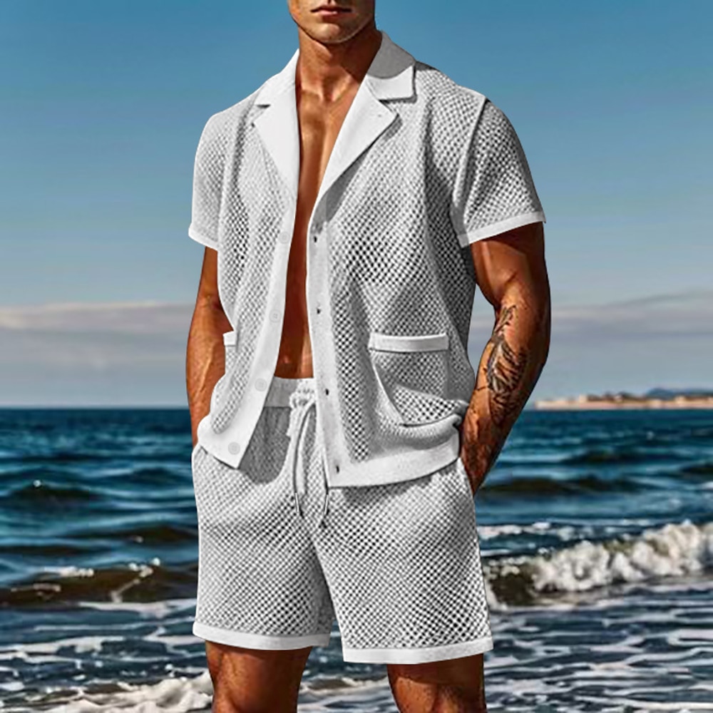 Herren 2 Stück Hemden-Set Sommer-Set Passende Sets Lässiges Hemd Knopfhemd Glatt Urlaub Täglich Schwarz Weiß Königliches Blau Grün Kurzarm Kragen Sommer Bekleidung Lightinthebox