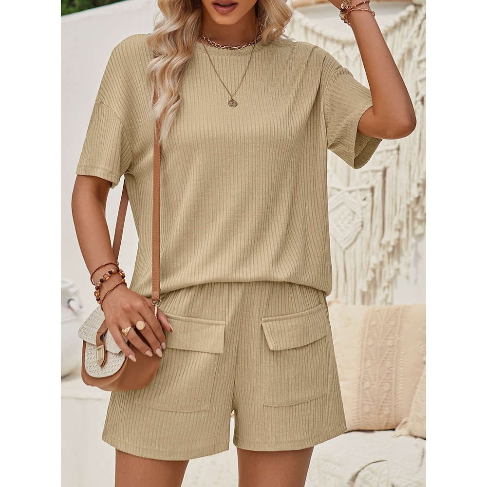 Damen Modisch Strassenmode Täglich T Shirt Baggy Shorts Kurze Hosen Kurzarm Rundhalsausschnitt Glatt Casual Täglich Rosa Khaki Sommer Regular Fit Lightinthebox