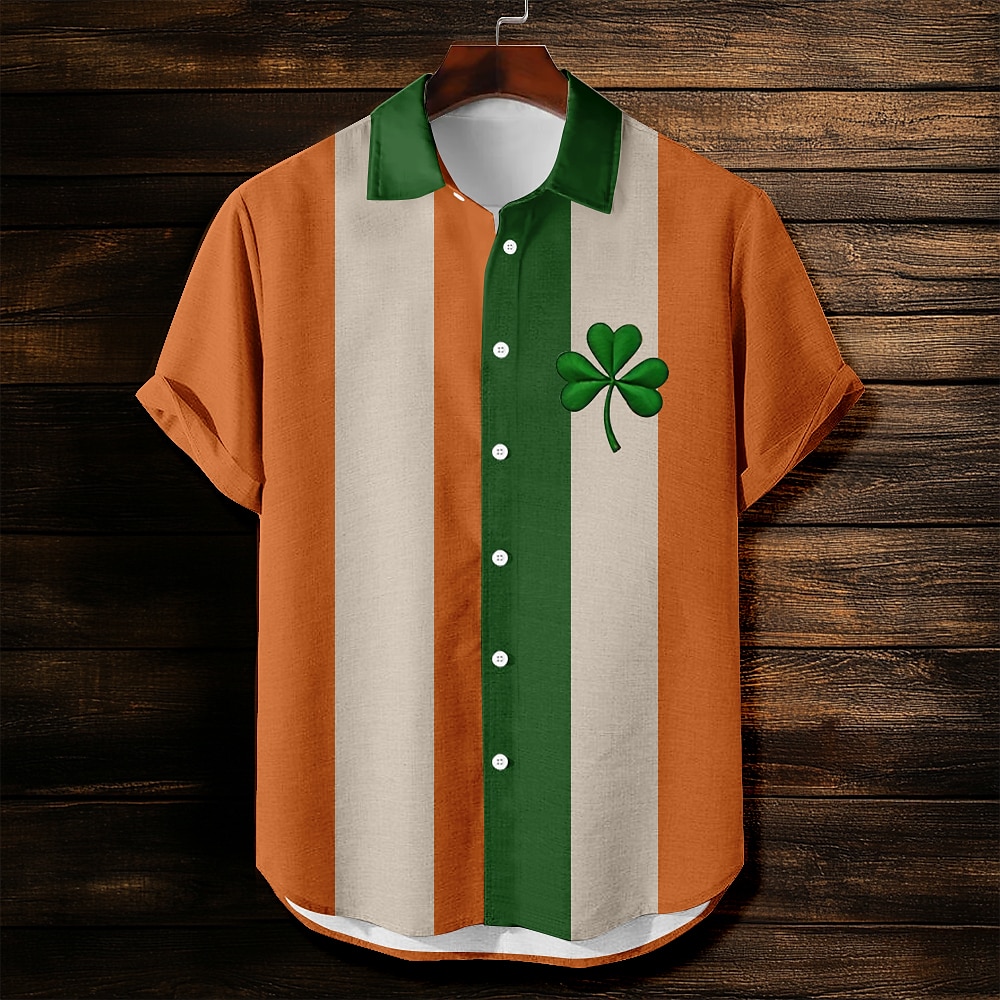 St. Patricks Day Herren Vierblättriges Kleeblatt Gestreift Lässiges Hemd Knopfhemd Kurzarm Vintage Urlaub Casual Sommer Frühling Umlegekragen Hemden mit Kragen Orange Lightinthebox