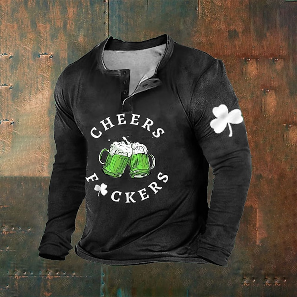 Herren St. Patrick Graphic Vierblättriges Kleeblatt Bier Henley Shirt Langarm Modisch Kuschelig Täglich Casual Festtage Ausgehen Frühling Herbst Schwarz Grün Braun Grau Henley Henley T-Shirt Lightinthebox