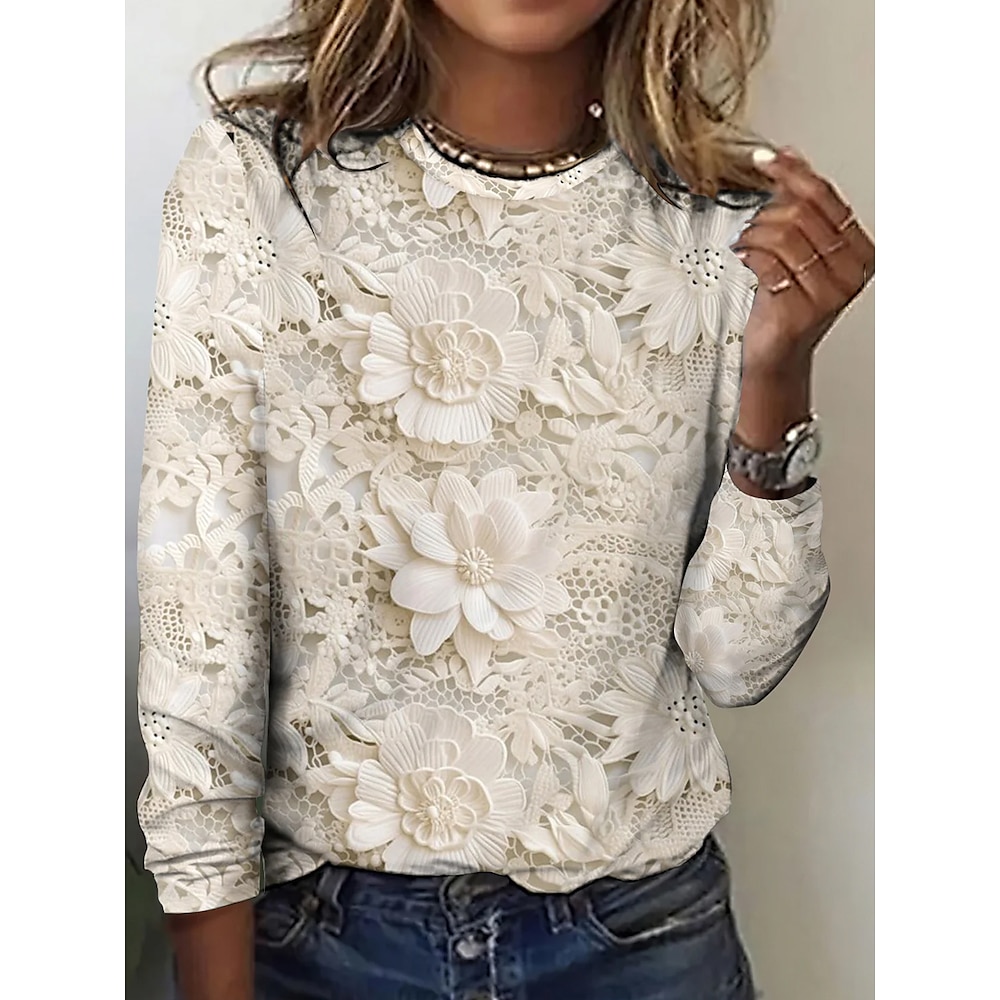 Damen T Shirt Brautkleider schlicht Blumen Normale Oberteile Langarm Rundhalsausschnitt Bedruckt Regular Fit Täglich Beige Frühling Herbst Lightinthebox