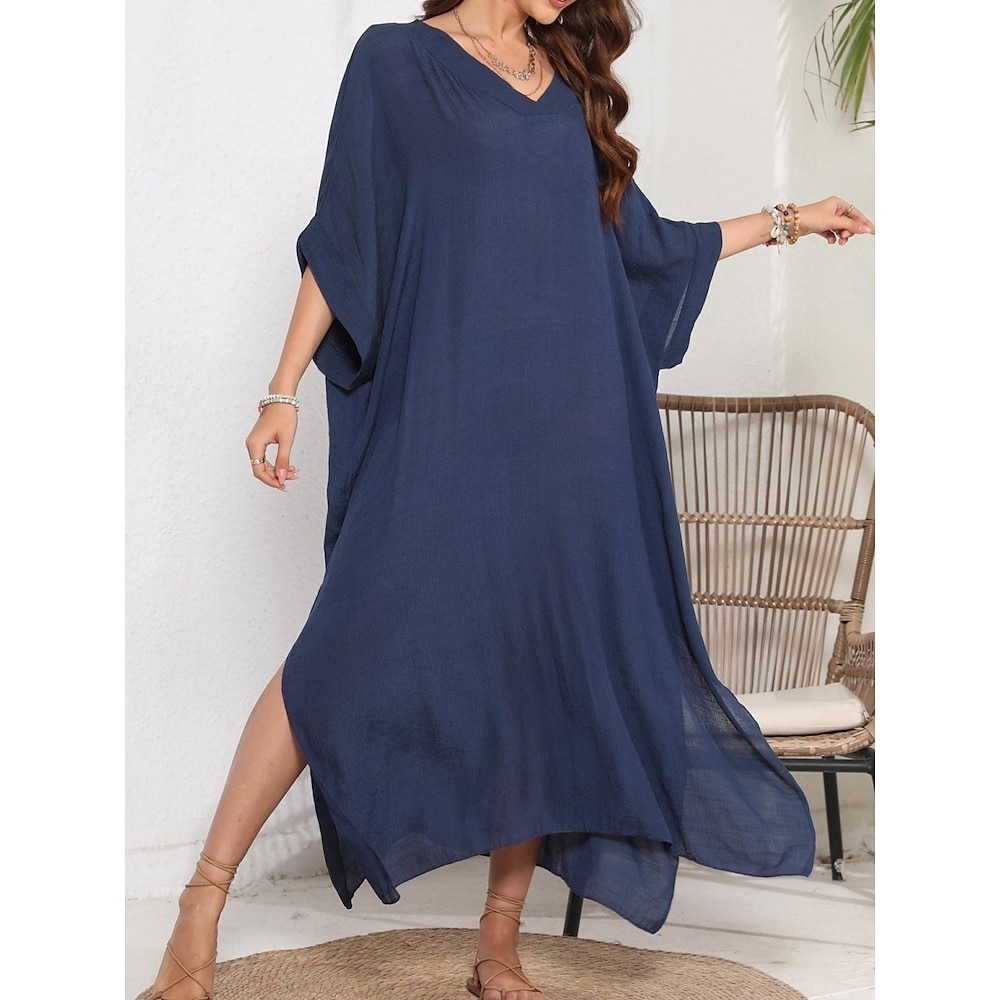 Damen Casual kleid Baumwoll-Kleid Basic Brautkleider schlicht Glatt kleid lang 3/4 Ärmel V Ausschnitt Gespaltener Oberschenkel Regular Fit Urlaub Täglich Schwarz Marineblau Sommer Lightinthebox