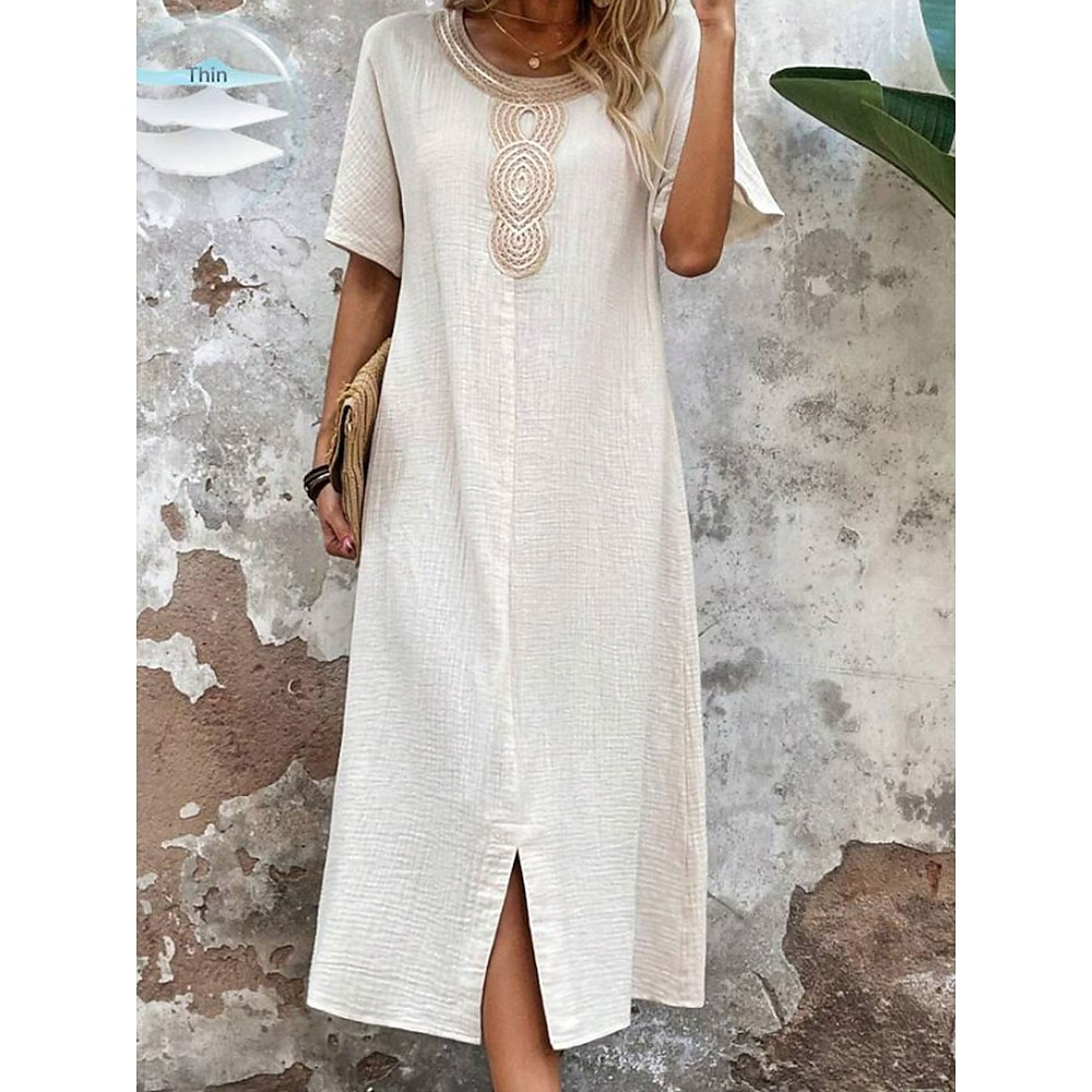 Damen Weißes Kleid Casual kleid A Linie Kleid Stilvoll Brautkleider schlicht Glatt Midikleid Kurzarm Rundhalsausschnitt Patchwork Regular Fit Urlaub Täglich Weiß Sommer Frühling Herbst Lightinthebox