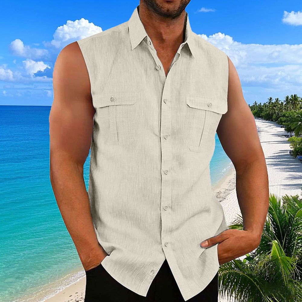 Herren Hemd aus Baumwollleinen Sommerhemd Lässiges Hemd Strandhemd Solide / einfarbig Hawaiianisch Schwarz Blau Purpur Grün Ärmellos Hemdkragen Sommer Bekleidung Lightinthebox