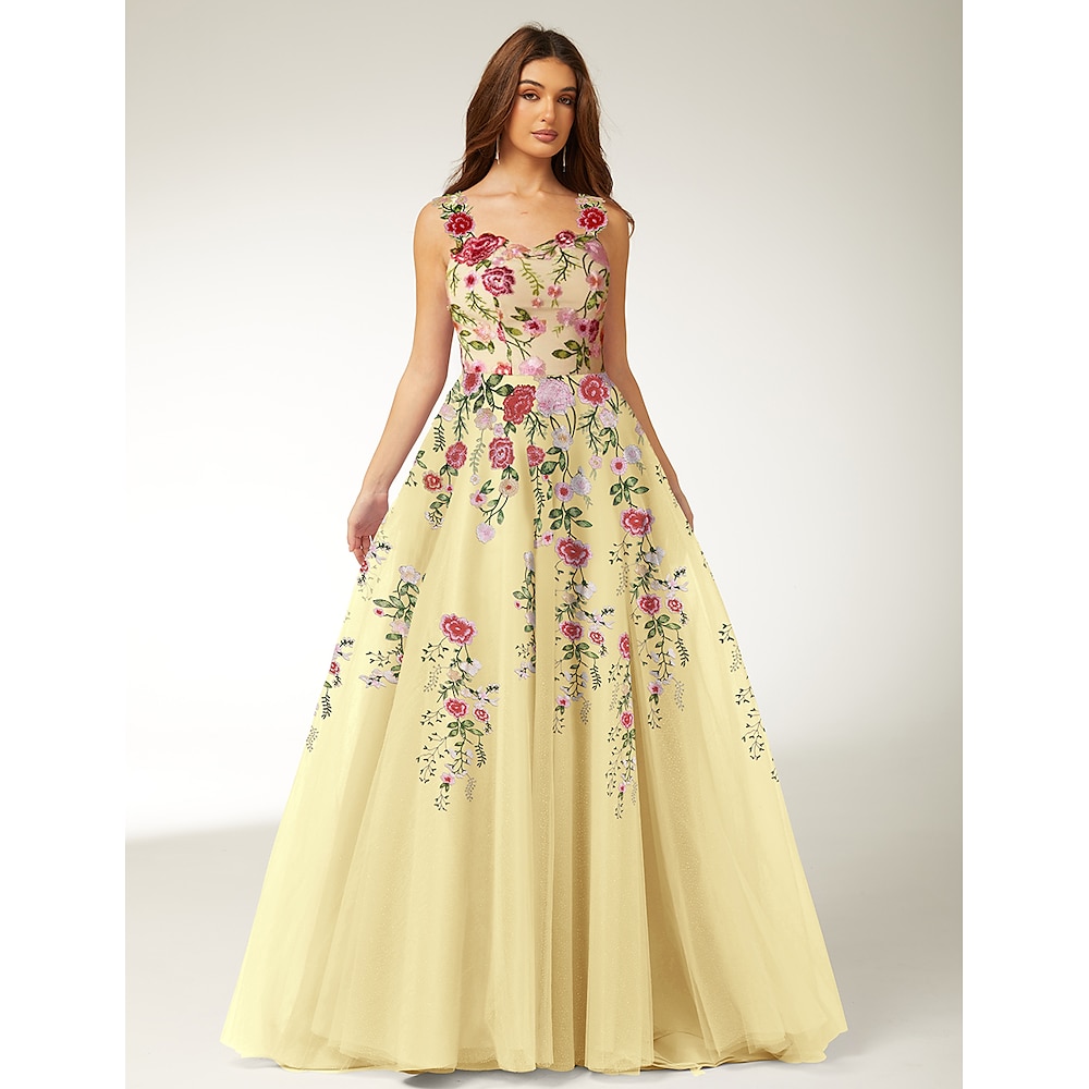 Ballkleider in A-Linie mit Blumenstickereien, elegantes Kleid für formelle Strandhochzeiten, bodenlang, ärmellos, Spaghettiträger, Tüll 2025 Lightinthebox