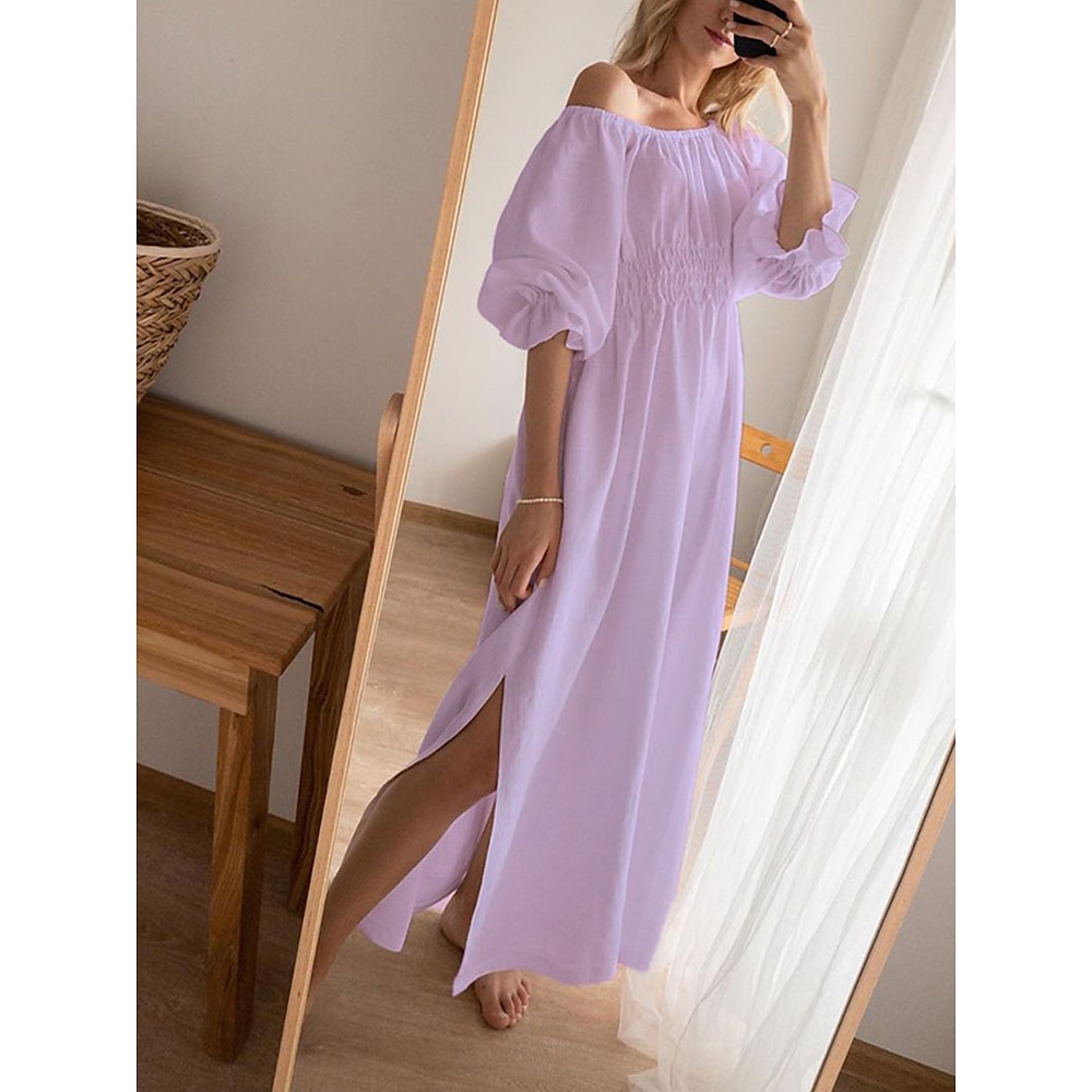 Damen Baumwoll-Leinenkleid A Linie Kleid Elegant Böhmen Stilvoll Glatt Maxidress Halbe Ärmel Ausgestellter Ärmel Schulterfrei Elastische Taille Regular Fit Urlaub Täglich Purpur Sommer Frühling Lightinthebox