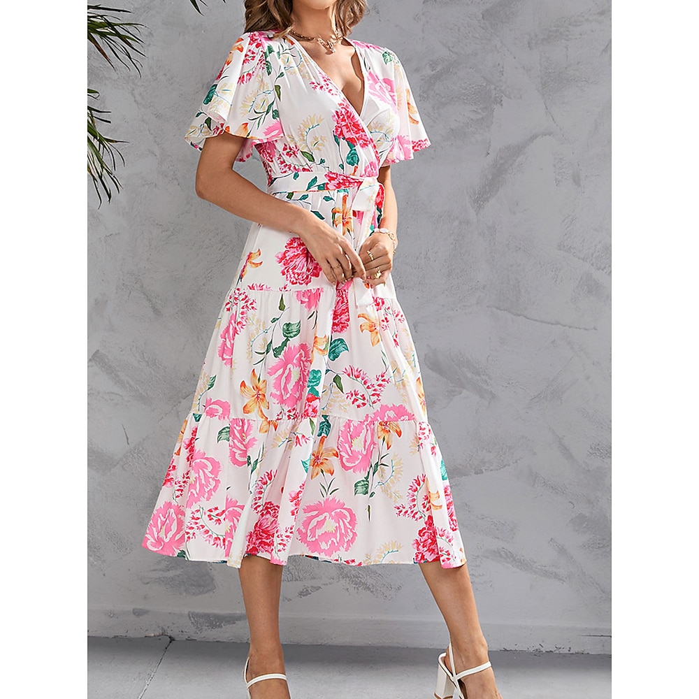 Damen Casual kleid Stilvoll Brautkleider schlicht Blumen kleid lang Kurzarm V Ausschnitt Angeschnallt Bedruckt Regular Fit Urlaub Täglich Gelb Rosa Sommer Frühling Lightinthebox