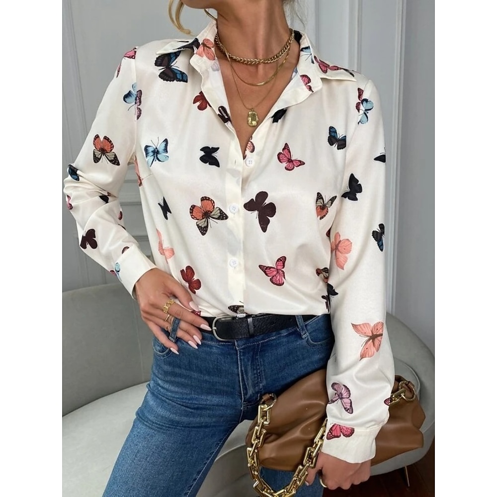 Damen Hemd Bluse Stilvoll Brautkleider schlicht Schmetterling Normale Oberteile Langarm Hemdkragen Knopf Bedruckt Regular Fit Täglich Weiß Regenbogen Beige Sommer Frühling Lightinthebox