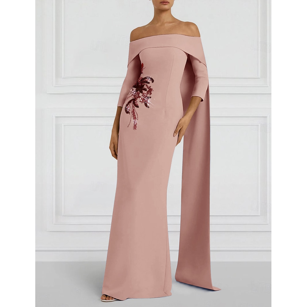 Eng anliegend Abendkleider Elegant Kleid Formal Hochzeit Boden-Länge 3/4 Ärmel Schulterfrei Stretch-Krepp mit Schleife(n) Stickerei 2025 Lightinthebox