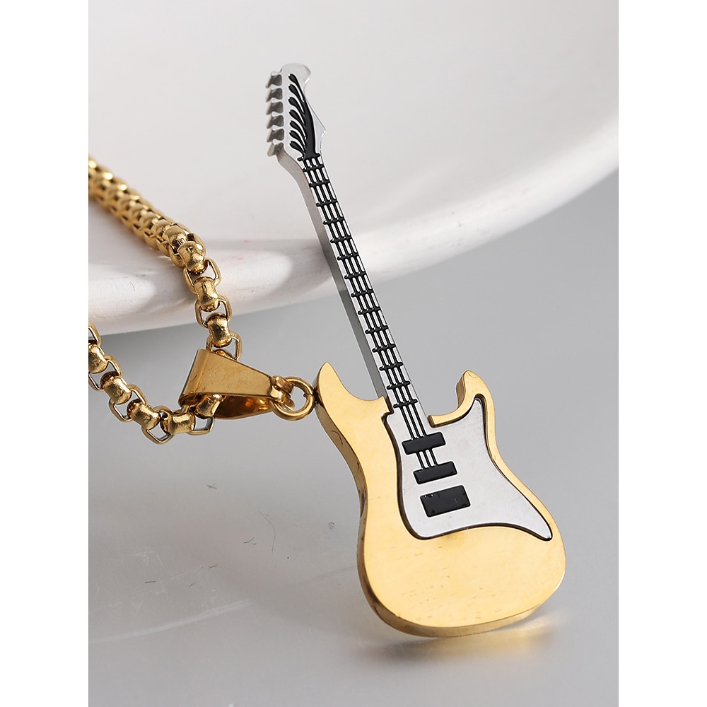 Herrenhalskette mit Gitarrenanhänger - Schmuck aus Edelstahl in Gold und Silber im Rock-Stil für Musikliebhaber und Geschenkanlässe Lightinthebox