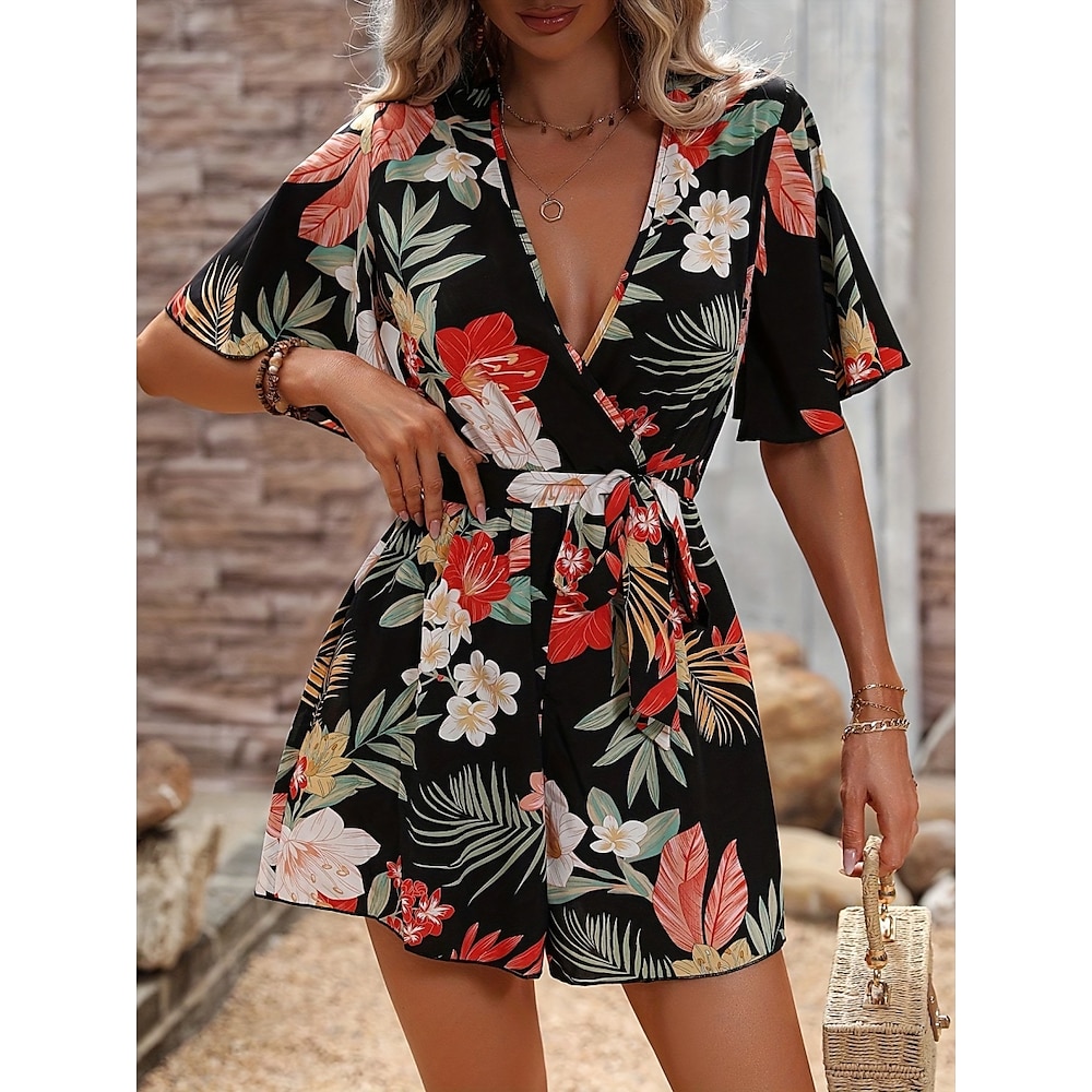 Damen Normal Kurz Jumpsuit Aktiv Blumen Kurzarm V Ausschnitt Hohe Taillenlinie Bedruckt Urlaub Täglich Regular Fit Schwarz Grün Sommer Lightinthebox