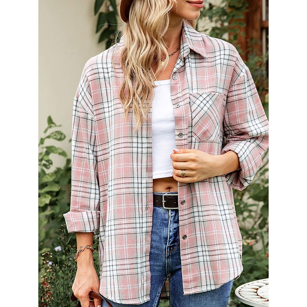 Damen Hemd Stilvoll Brautkleider schlicht Plaid Normale Oberteile Langarm Hemdkragen Bedruckt Regular Fit Täglich Festtage Ausgehen Rosa Blau Sommer Frühling Herbst Lightinthebox