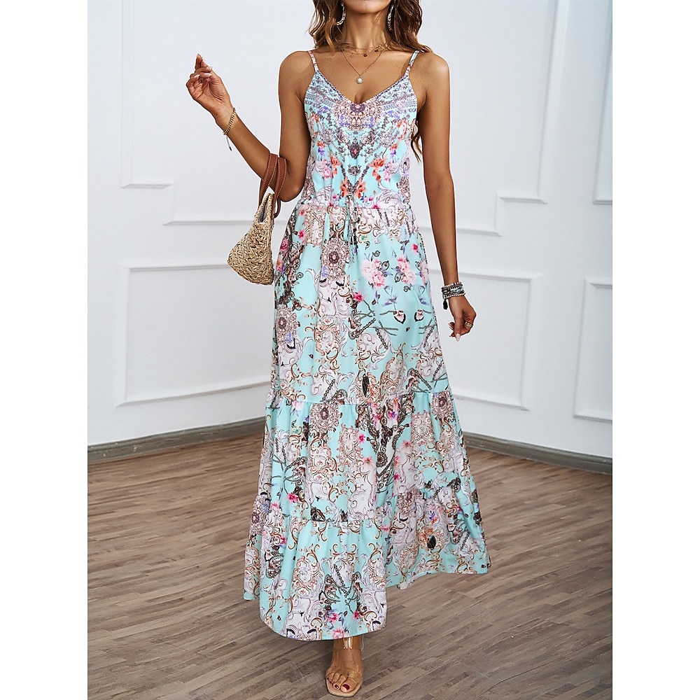 Damen Casual kleid A Linie Kleid skims dress Boho-Kleid Böhmen Brautkleider schlicht Boho Blumen Maxidress Ärmellos Gurt Rüsche Rückenfrei Bedruckt Regular Fit Urlaub Täglich Blau Grün Sommer Lightinthebox