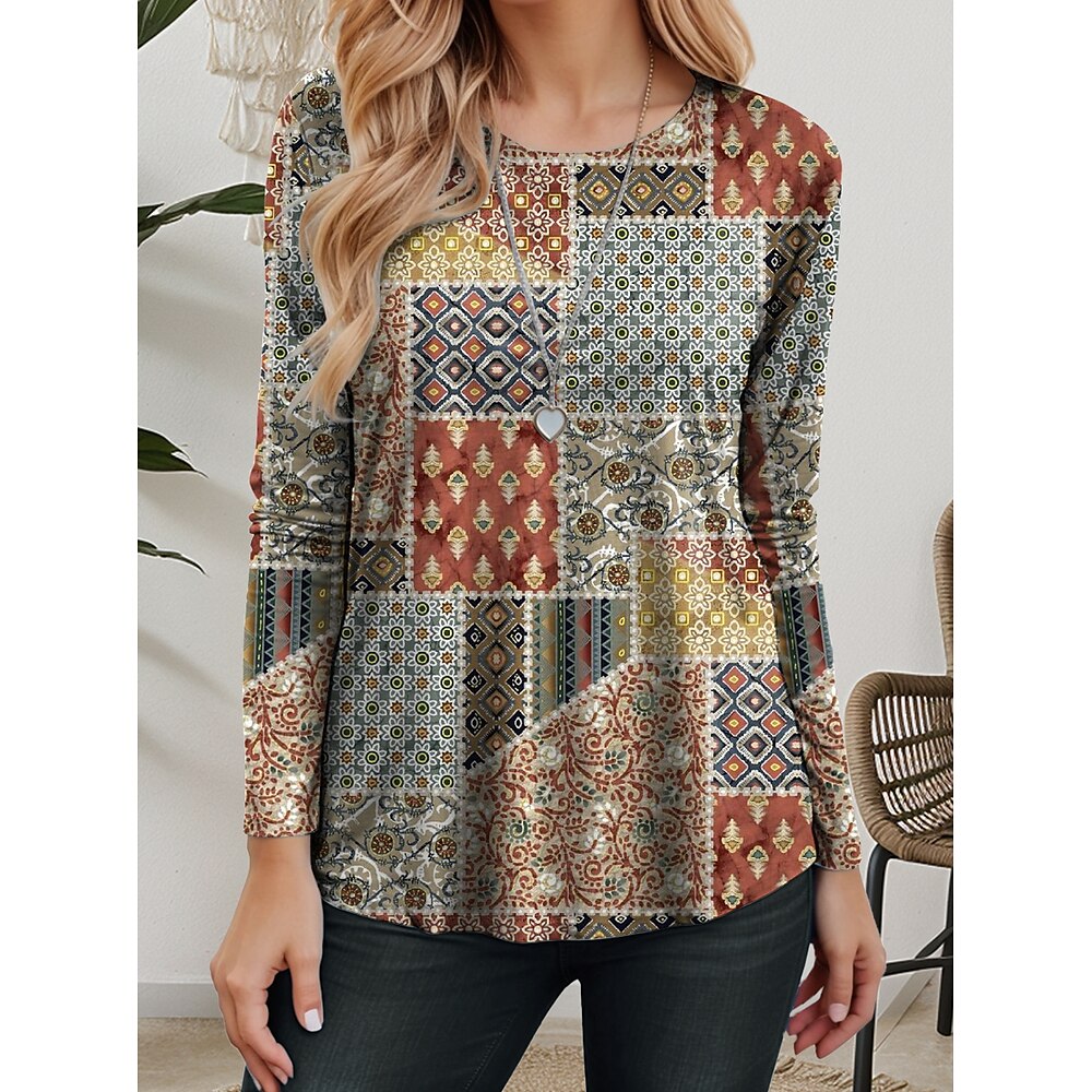 Damen T Shirt Brautkleider schlicht Graphic Geometrisch Normale Oberteile Langarm Rundhalsausschnitt Bedruckt Regular Fit Täglich Salbeigrün Frühling Herbst Lightinthebox