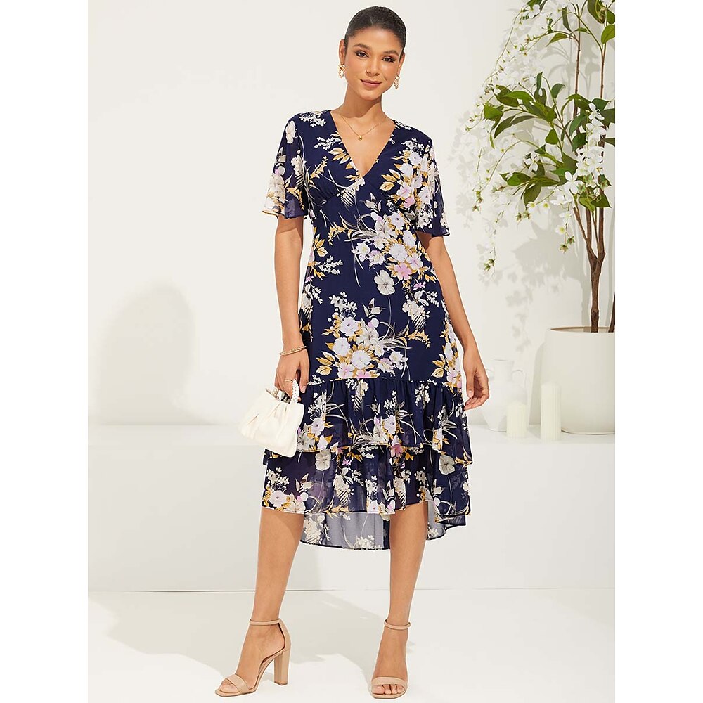 Damen Chiffon-Kleid Elegant Blumen Midikleid Kurzarm Ausgestellter Ärmel V Ausschnitt Rüsche Regular Fit ChiffonDressesUrlaub Täglich Verabredung Dunkelblau Sommer Lightinthebox