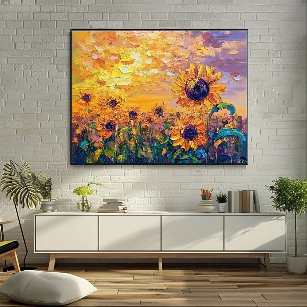 großes Ölgemälde auf Leinwand mit Sonnenblumenmotiv, pastellfarbenes Blumengemälde, Frühlings-Sonnenblumen-Landschaftsgemälde, große Wandkunst, Wohnzimmerdekor Lightinthebox