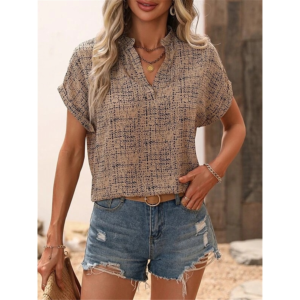 Damen T Shirt Modisch Modern Brautkleider schlicht Geometrisch Normale Oberteile Kurzarm Gekerbter Hals Bedruckt Regular Fit Täglich Wochenende Weiß Khaki Sommer Frühling Lightinthebox