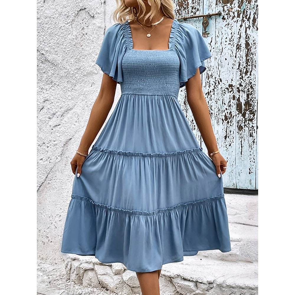 Damen Casual kleid Schaukelkleid A Linie Kleid Stilvoll Basic Brautkleider schlicht Glatt Midikleid Kurzarm Quadratischer Ausschnitt Rüsche Regular Fit Urlaub Täglich Blau Sommer Lightinthebox