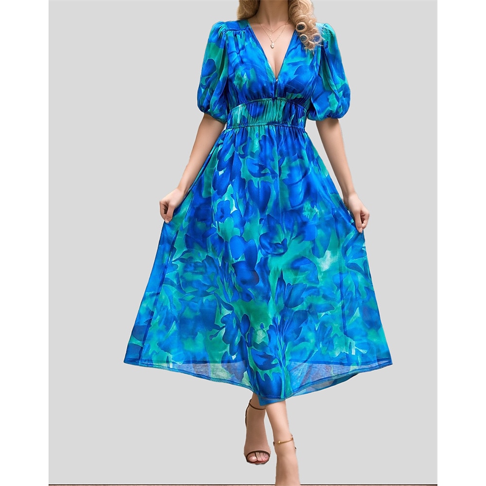 Damen Casual kleid A Linie Kleid Blumenkleid Sommerkleid Elegant Stilvoll Blumen kleid lang Kurzarm V Ausschnitt Elastische Taille Regular Fit Urlaub Täglich Verabredung Schwarz Rosa Blau Grün Sommer Lightinthebox