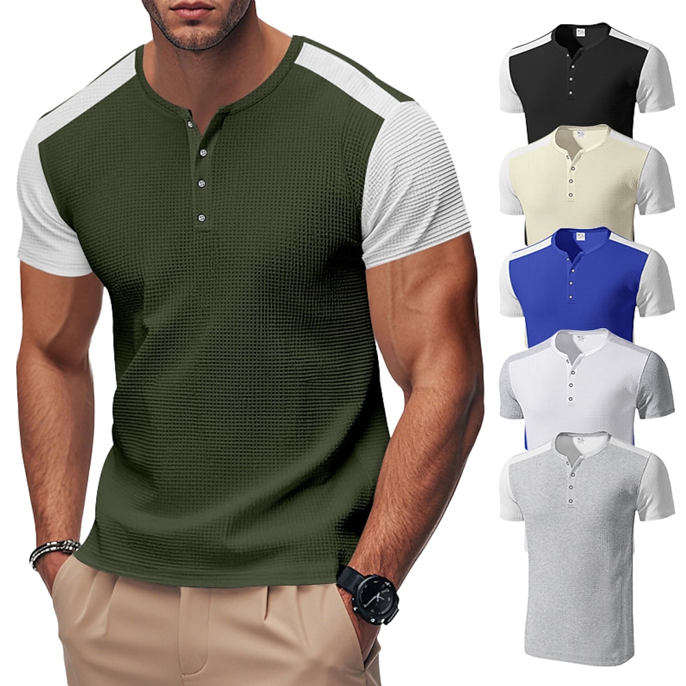 Herren T-Shirt mit Waffelmuster Waffel-Henley-Hemd Farbblock-T-Shirt Farbblock Henley Casual Kurzarm Farbblock Bekleidung Vintage-Stil Lightinthebox