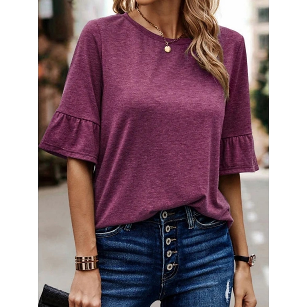 Damen T Shirt Brautkleider schlicht Glatt Normale Oberteile Kurzarm Rundhalsausschnitt Rüsche Regular Fit Täglich Wochenende Purpur Grau Sommer Frühling Lightinthebox