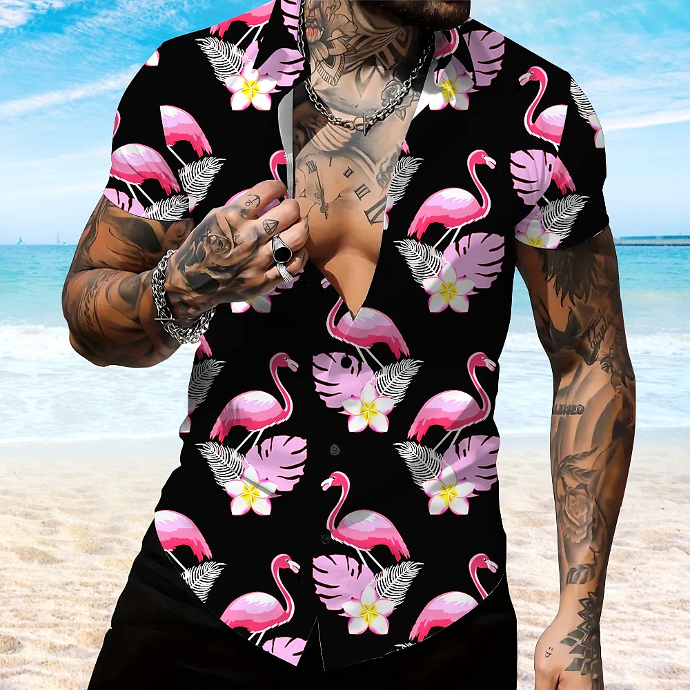 Herren Flamingo Strandhemd Aloha-Shirt Kurzarm Hawaiianisch Urlaub Sommer Frühling Umlegekragen Knopf hoch Schwarz Grau Lightinthebox