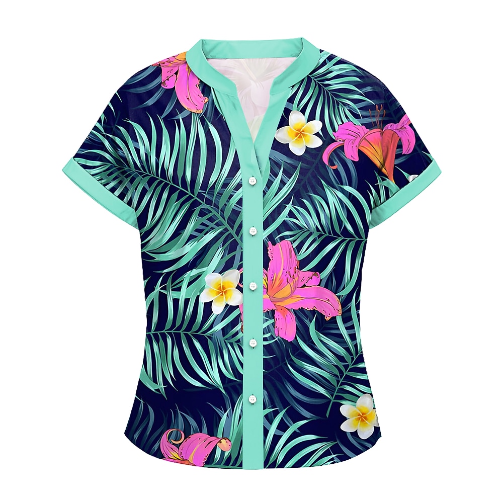 Damen Hawaiian Shirts Bluse Strand Blumenblatt Reguläre Tops Kurzarmshirt Kragen Knöpfe Druck Form-Fit Alltag Grün Sommerferien Kleidung Strandbekleidung Lightinthebox