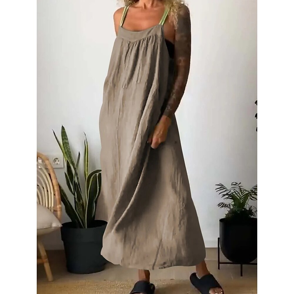 Damen Casual kleid Baumwoll-Leinenkleid A Linie Kleid Basic Brautkleider schlicht Glatt Maxidress Ärmellos U-Ausschnitt Knopf Tasche Kordelzug Regular Fit Urlaub Täglich Schwarz Weiß Blau Khaki Sommer Lightinthebox