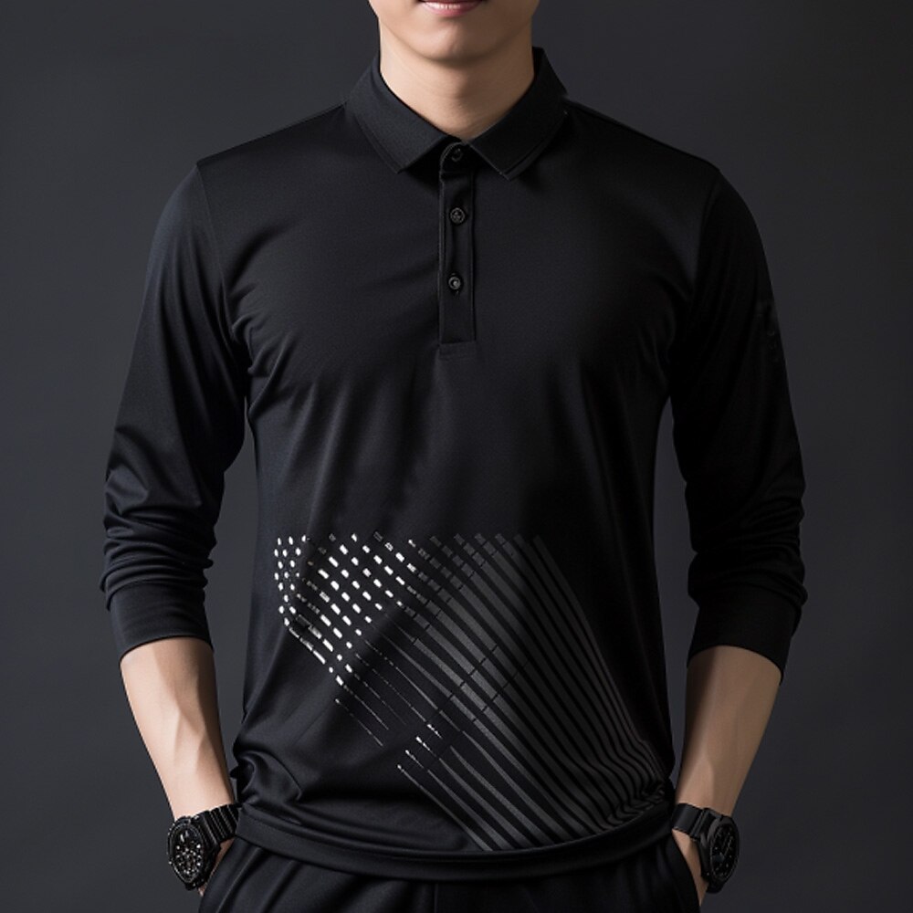 Herren Geometrisch Polo Langarm Polo-Shirts Hemden mit Kragen Brautkleider schlicht Business-Casual Party-Abendgarderobe Athlässigkeit Freizeitskleidung Knopf 3D-Druck Schwarz Lightinthebox