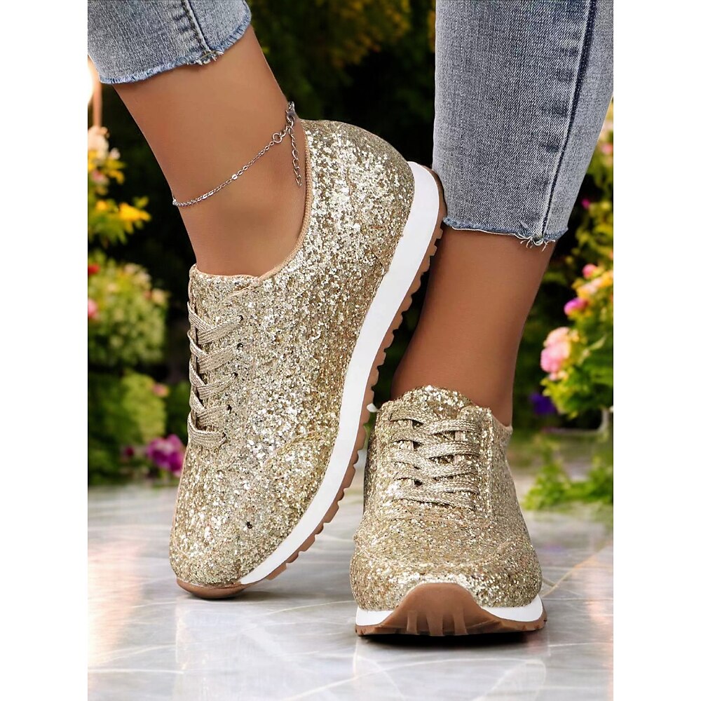 Damen Turnschuhe Party Täglich Paillette Flacher Absatz Runde Zehe Brautkleider schlicht Wanderschuhe Glanz Schnürsenkel Silber Schwarz Gold Lightinthebox