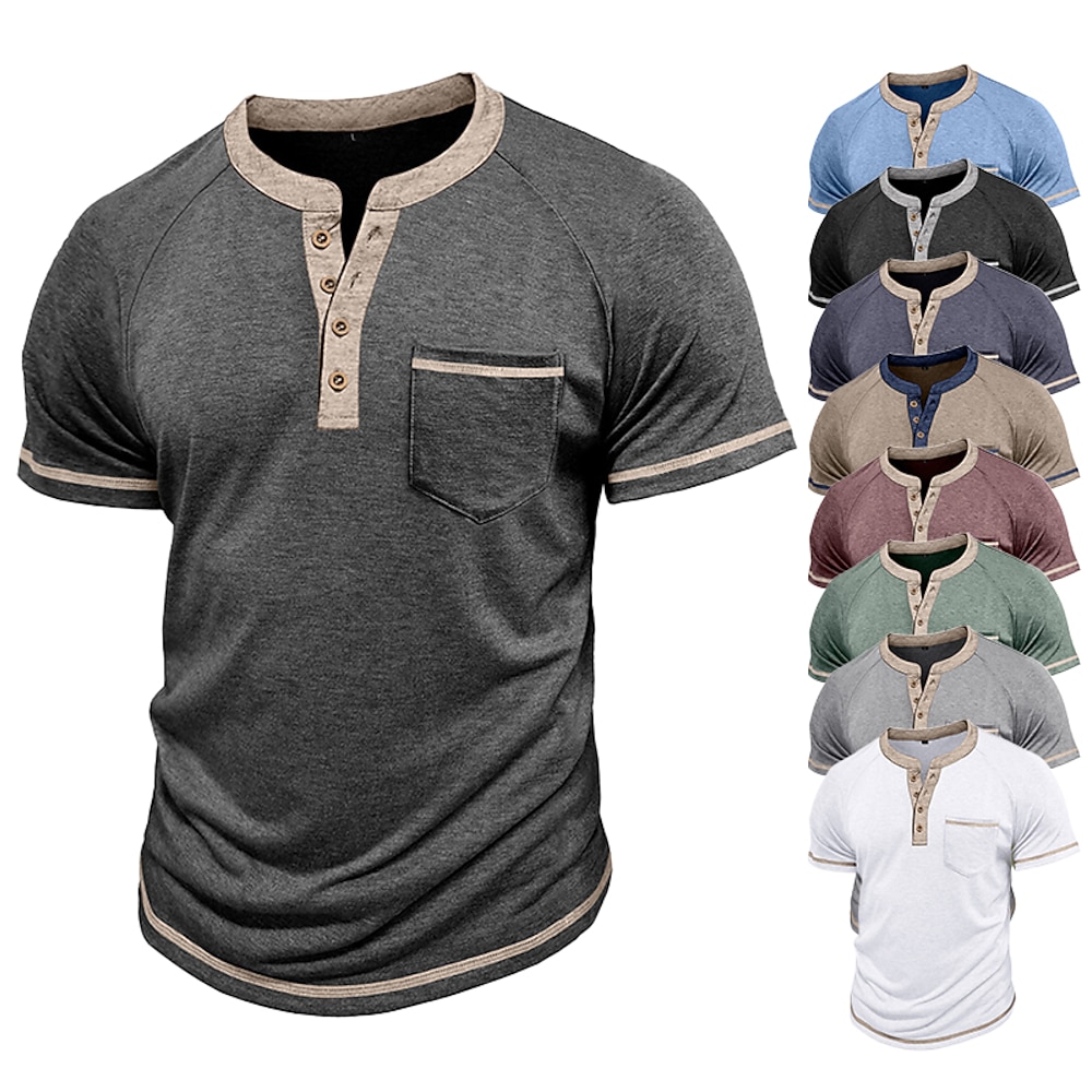 Herren T Shirt Henley Shirt Henley-Top Kurzarm Feste Farbe Vintage Tasche Kontrastnähte Henley Outdoor Casual Athlässigkeit Frühling Herbst Frühling Herbst Dunkelrot Schwarz Weiß Henley T-Shirt Lightinthebox