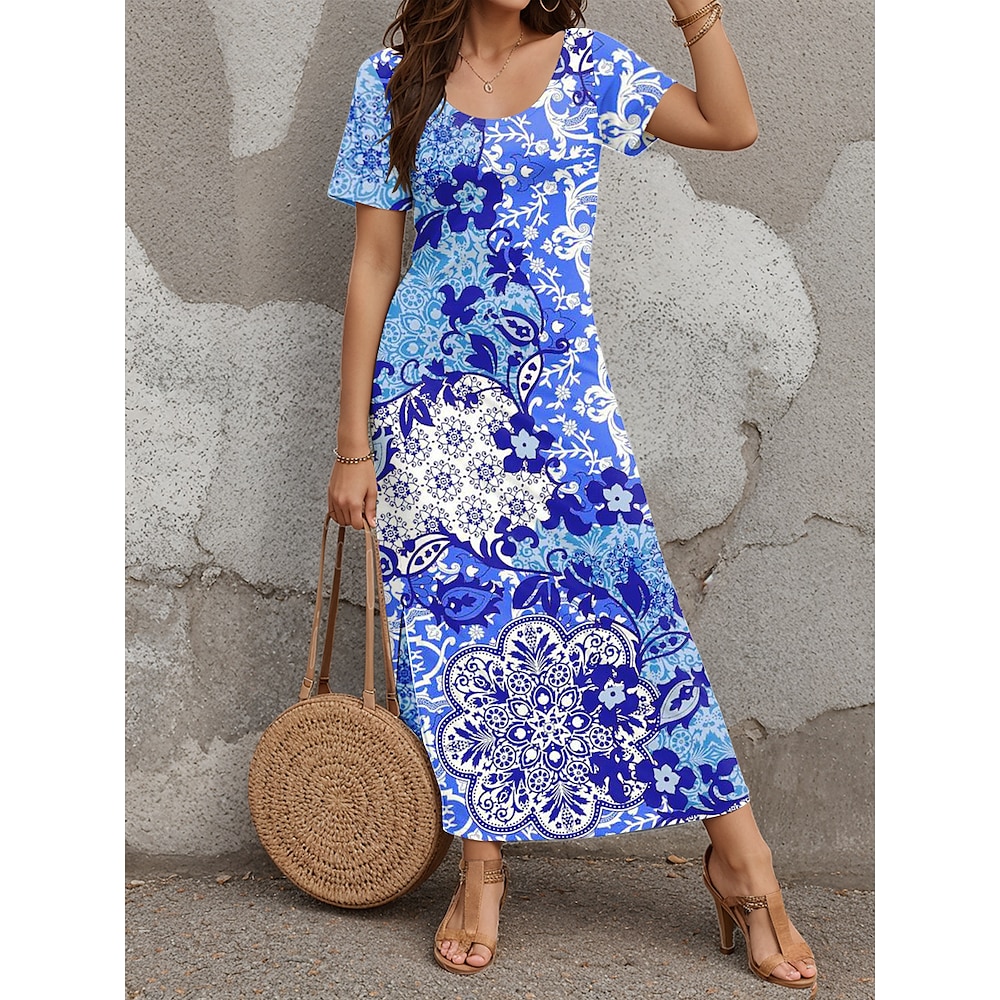 Damen Casual kleid A Linie Kleid Stilvoll Brautkleider schlicht Blumen Maxidress Kurzarm Rundhalsausschnitt Bedruckt Regular Fit Urlaub Täglich Blau Frühling Herbst Lightinthebox