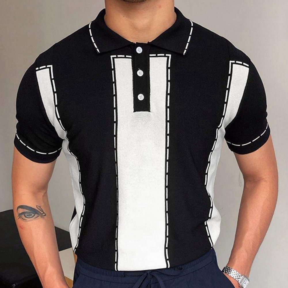 Herren Polos mit Knöpfen Golfhemd Casual Sport Kargen Kurzarm Modisch Basic Farbblock Patchwork Knopf Sommer Schwarz Polos mit Knöpfen Lightinthebox