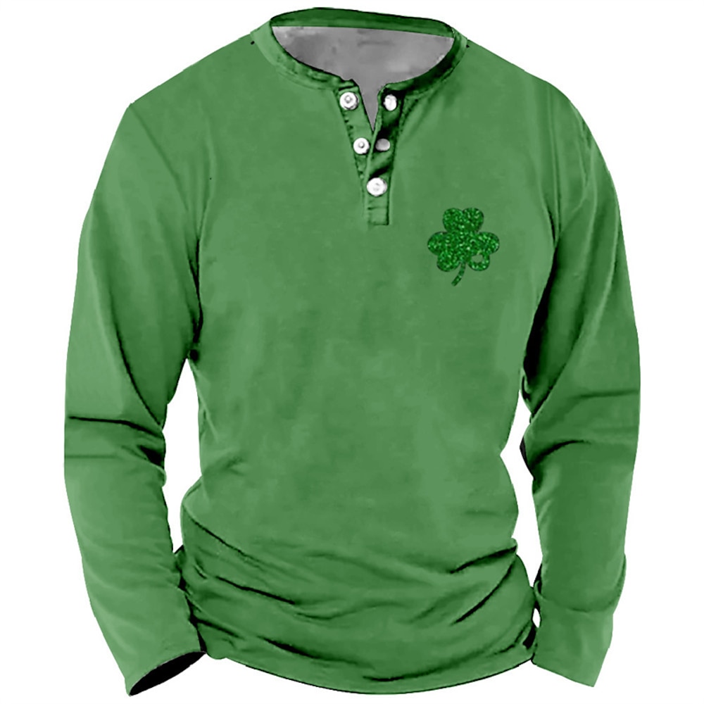 Herren St. Patricks Day T-Shirt St. Patrick's Day-Shirts T Shirt Henley Shirt Langarm Henley Frühling Herbst Kleeblatt Modisch Designer Basic Knopf Urlaub Ausgehen St. Patrick Day Schwarz Weiß Grün Lightinthebox