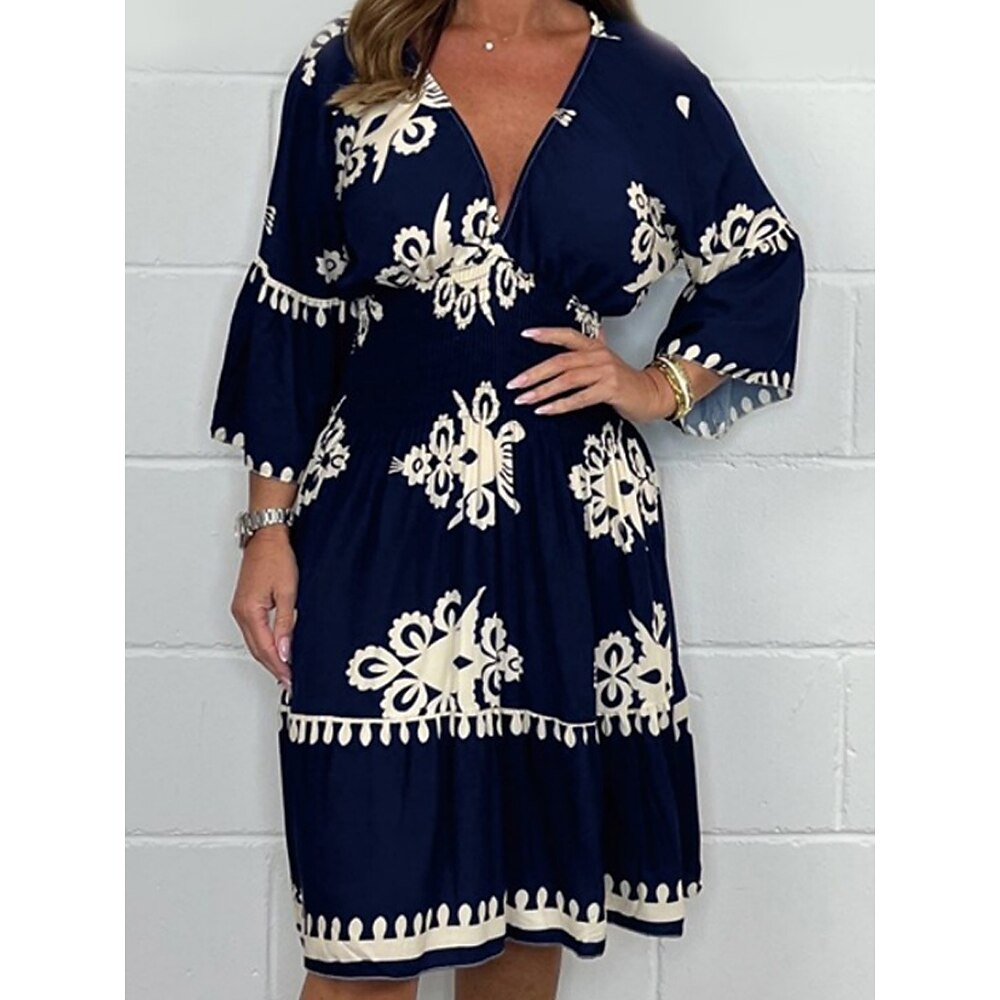 Damen Casual kleid Boho Chic Kleider Böhmen Brautkleider schlicht Boho Graphic Midikleid Langarm V Ausschnitt Bedruckt Lockere Passform Urlaub Täglich Strand Schwarz Rote Grün Aprikose Sommer Frühling Lightinthebox