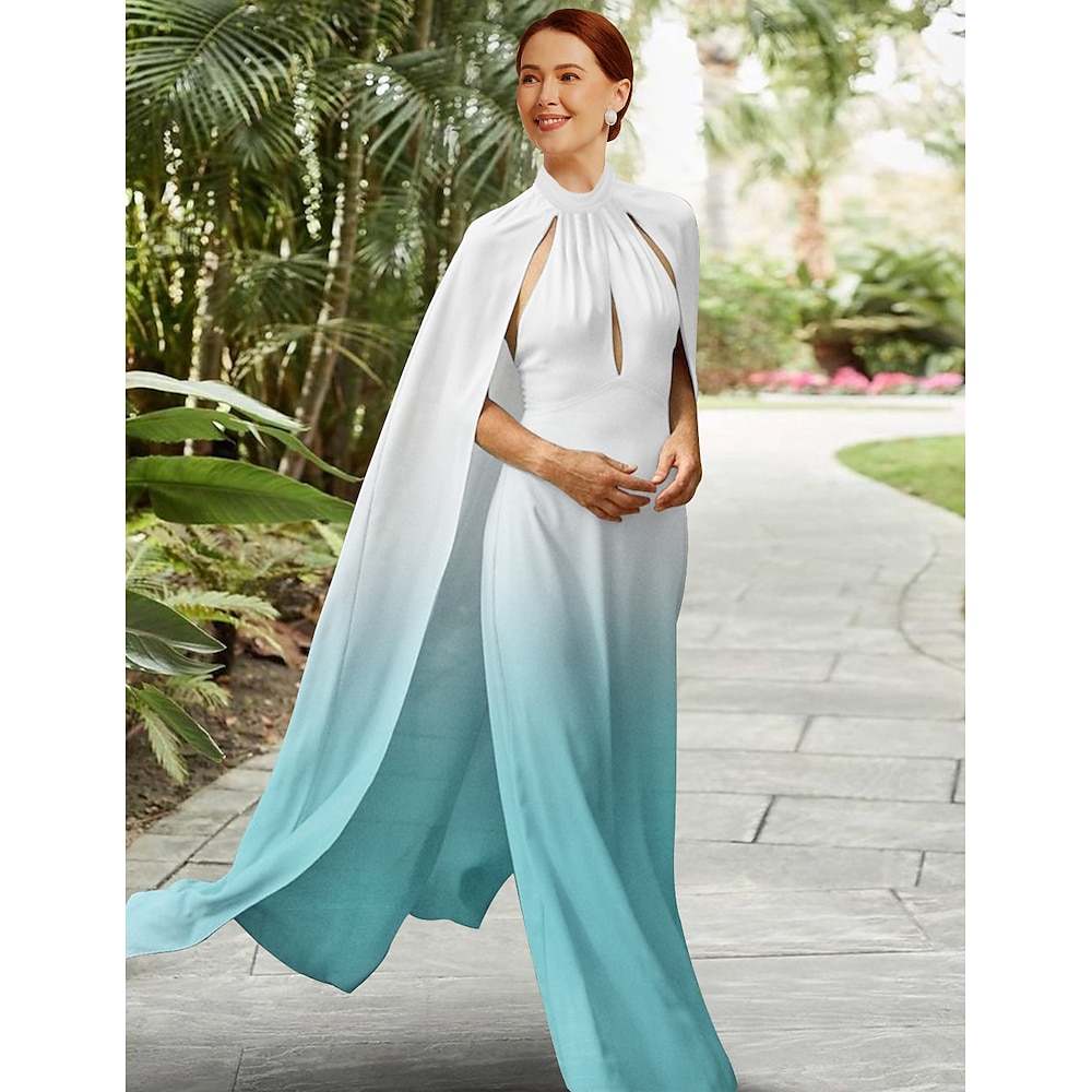 A-Linien-Kleid für die Mutter der Braut mit abnehmbarem Umhang, eleganter Neckholder, bodenlang, Ombre-Chiffon, gerüscht, ärmellos mit gerüschen Details, 2024 Lightinthebox