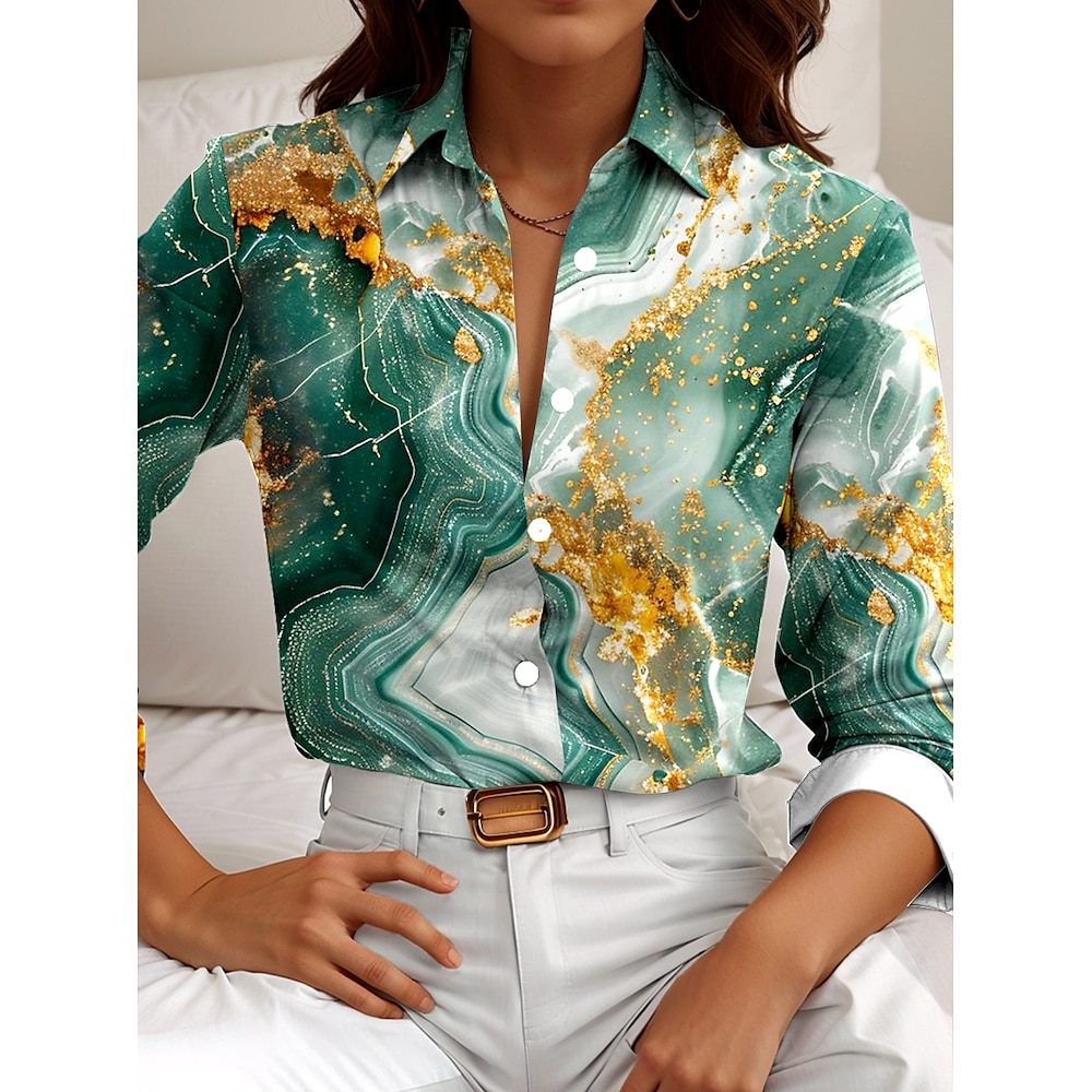 Damen Hemd Bluse Täglich Stilvoll Marmordruck Lange Oberteile Langarm Hemdkragen Knopf Bedruckt Lockere Passform Täglich Grün Sommer Frühling Lightinthebox