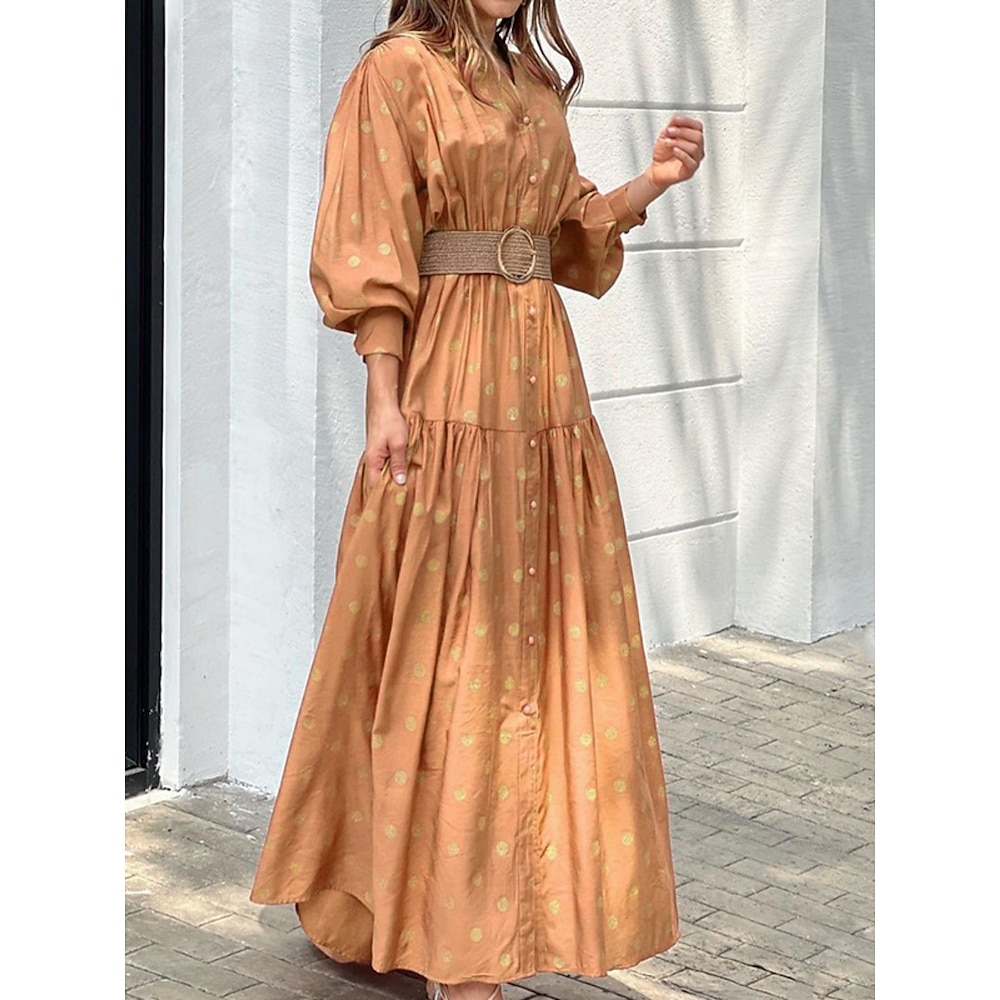 Damen blusenkleid Casual kleid Schaukelkleid A Linie Kleid Stilvoll Brautkleider schlicht Punkt Maxidress Langarm Ständer Knopf Angeschnallt Bedruckt Regular Fit Urlaub Täglich Grün Khaki Sommer Lightinthebox