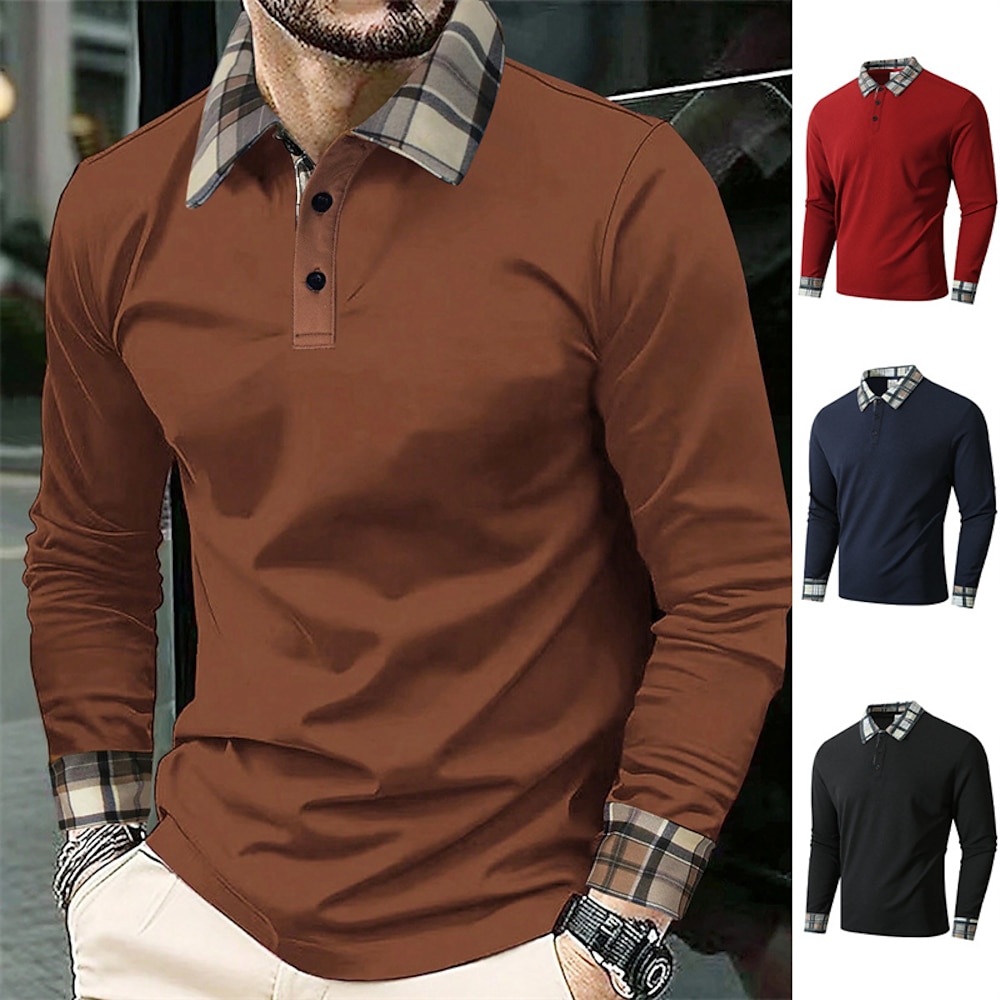 Herren Golfhemd Golf Poloshirts Arbeit Casual Kargen Langarm Basic Modern Plaid Farbblock Patchwork Knopf Frühling Herbst Regular Fit Schwarz Rote Marineblau Khaki Golfhemd Lightinthebox