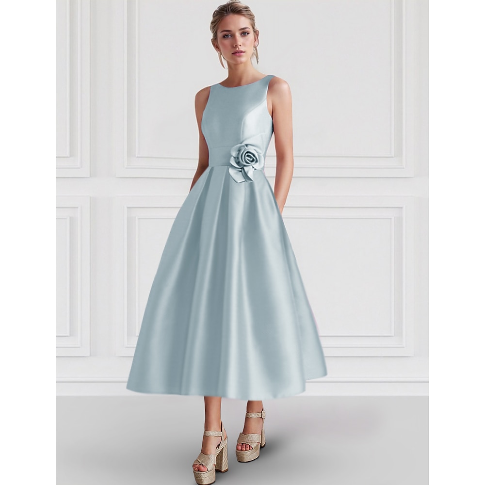 Himmelblaues, rosa A-Linien-Cocktailkleid, elegantes Kleid für formelle Hochzeitsgäste, knöchellang, ärmellos, U-Boot-Ausschnitt, Satin mit Blumendruck, Tasche, 2025 Lightinthebox