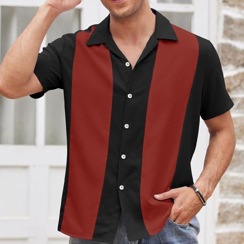 Herren Hemd Sommerhemd Knopfhemd Lässiges Hemd Bowling-Shirt Schwarz Weiß Blau Rot Grün Kurzarm Farbblock Umlegekragen Strasse Täglich Bedruckt Bekleidung Modisch 1950s Brautkleider schlicht Lightinthebox