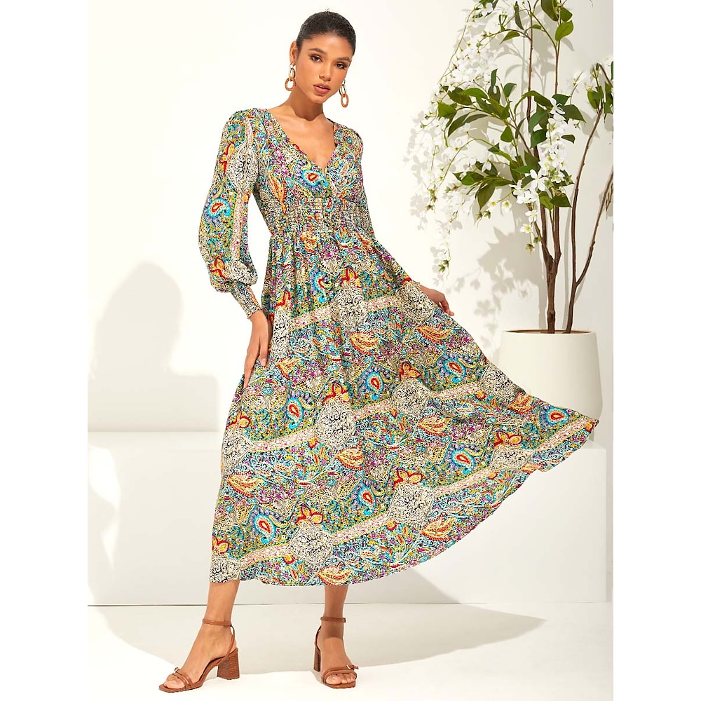 Damen Ethnisches Kleid Schaukelkleid Elegant Stilvoll Graphic Paisley-Muster Maxidress Langarm V Ausschnitt Rüsche Elastische Taille Lockere Passform Urlaub Grün Sommer Frühling Lightinthebox