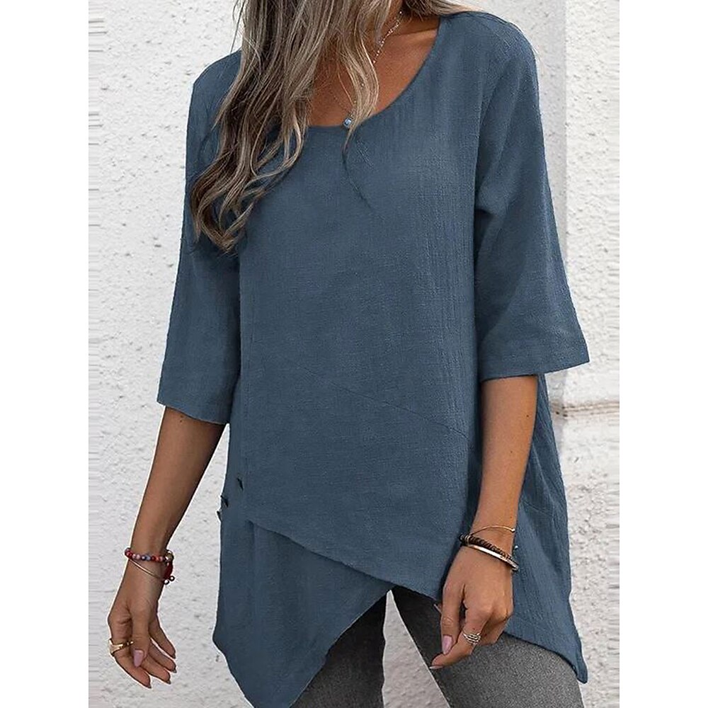 Damen Bluse Elegant Stilvoll Brautkleider schlicht Feste Farbe Normale Oberteile Kurzarm Rundhalsausschnitt Asymmetrischer Saum Lockere Passform Arbeit Täglich Ausgehen Staubiges Blau Grau Sommer Lightinthebox