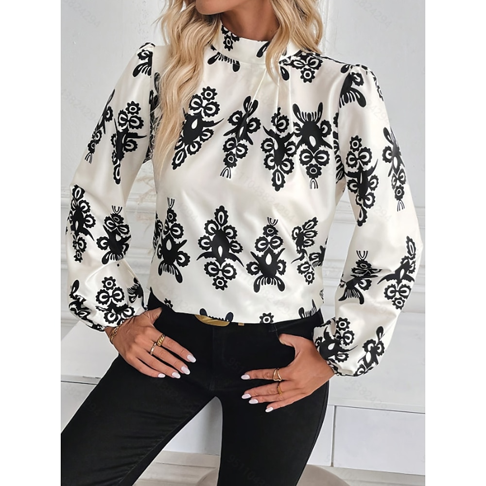 Damen Hemd Bluse Stilvoll Brautkleider schlicht Graphic Normale Oberteile Langarm Rollkragen Bedruckt Regular Fit Täglich Weiß Sommer Frühling Herbst Lightinthebox