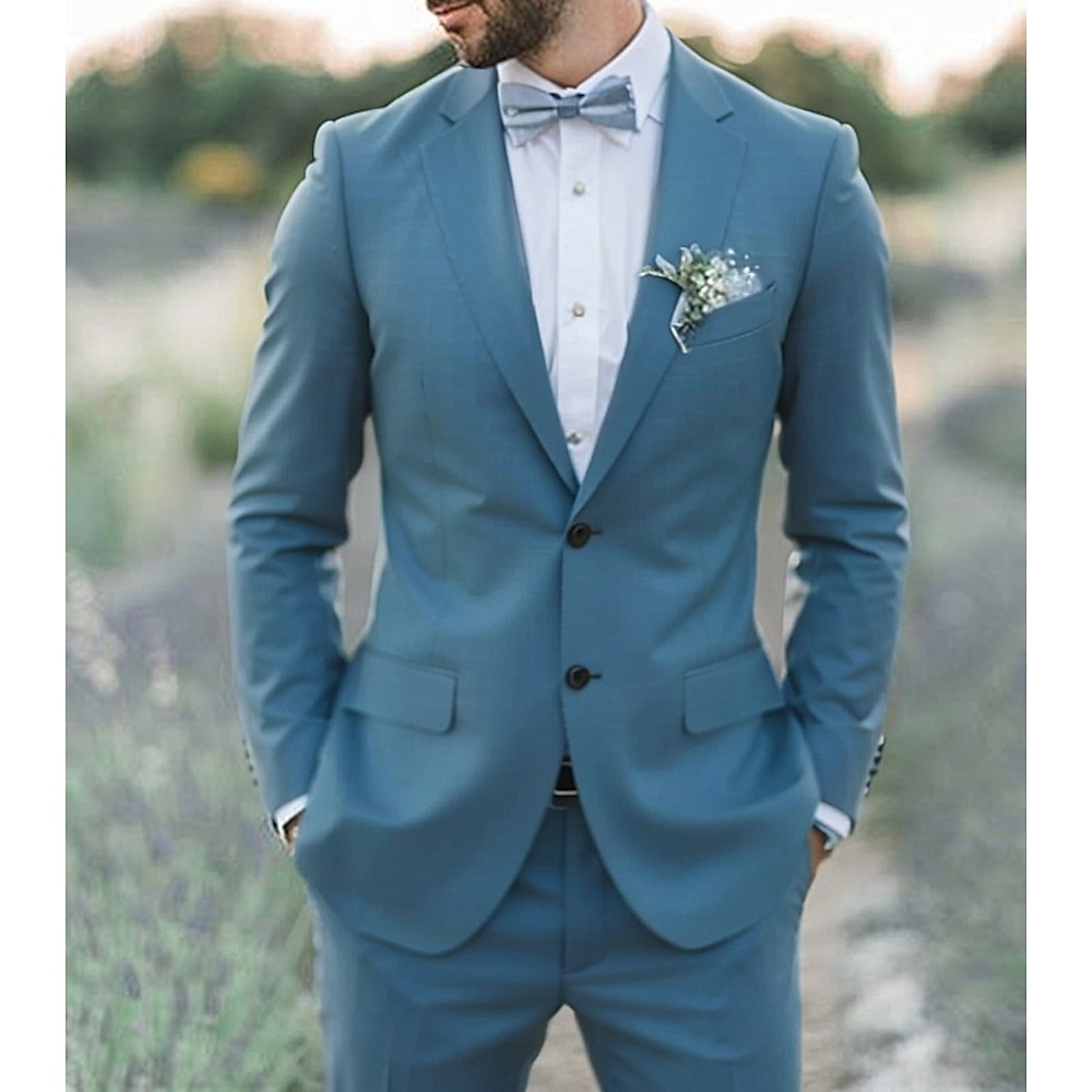 Herren Hochzeit Strand Leinenanzüge Suits Blau Himmelblau Einfarbig Reguläre Passform 2-teiliges Set Einreiher - 2 Knöpfe Lightinthebox